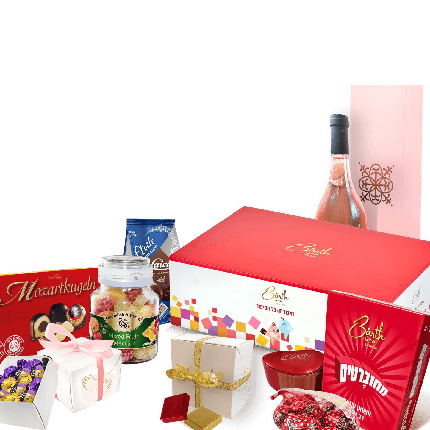 מארז מתוקים כשר לפסח בעיצוב חגיגי עם יין איכותי, שוקולדים משובחים ומגוון מתוקים
