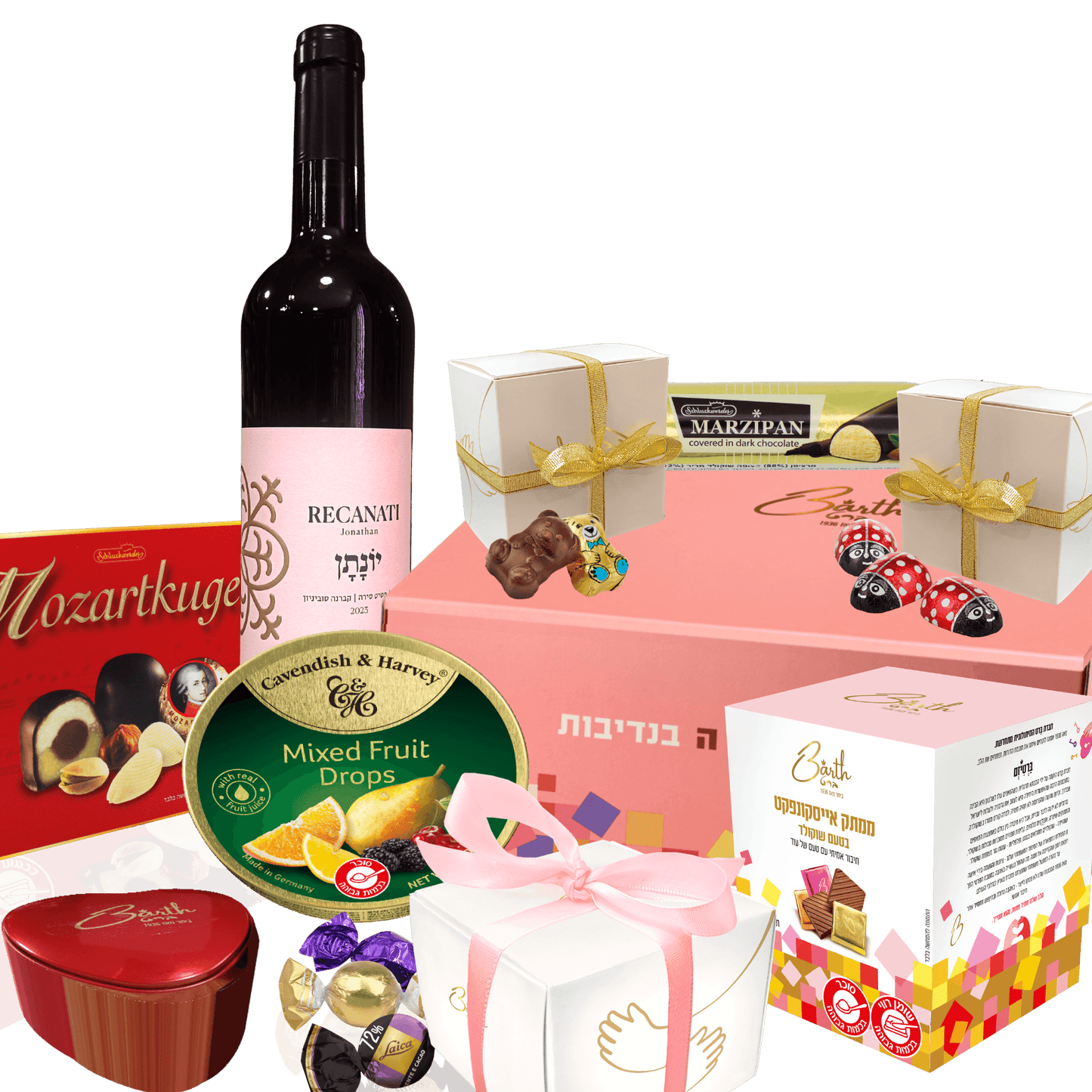 מארז פסח יוקרתי עם בקבוק יין יונתן של רקנאטי, שוקולדים, פרלינים ומבחר מתוקים כשרים לפסח באריזת מתנה חגיגית