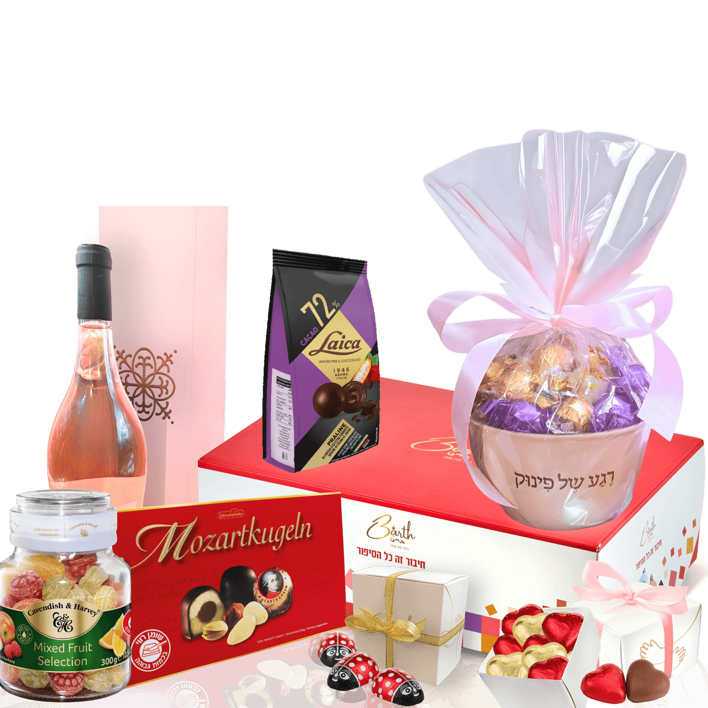 מארז רויאל פסח מגוון מתוקים ויין משובח עם קערת חרסינה מלאה בפרלינים כשרים לפסח