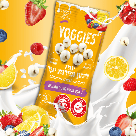 יוגיז לימון ופירות יער חטיפי יוגורט פרוביוטי עם אוכמניות, פטל ותותים אמיתיים בציפוי קרמי מפנק