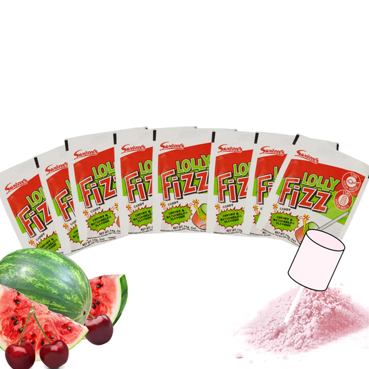 8 סוכריות על מקל עם אבקה FIZZ בטעם דובדבן אבטיח