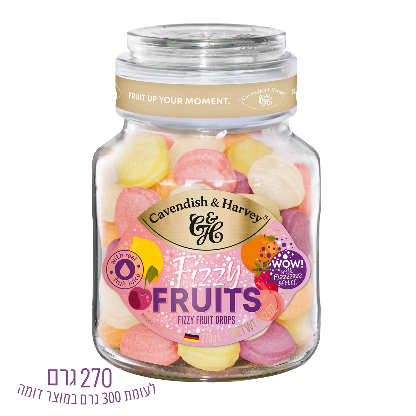 צנצנת סוכריות Fizzy תוססות בטעמי פירות בגווני פסטל עם טעמי לימון, תפוז, אפרסק, תות ודובדבן