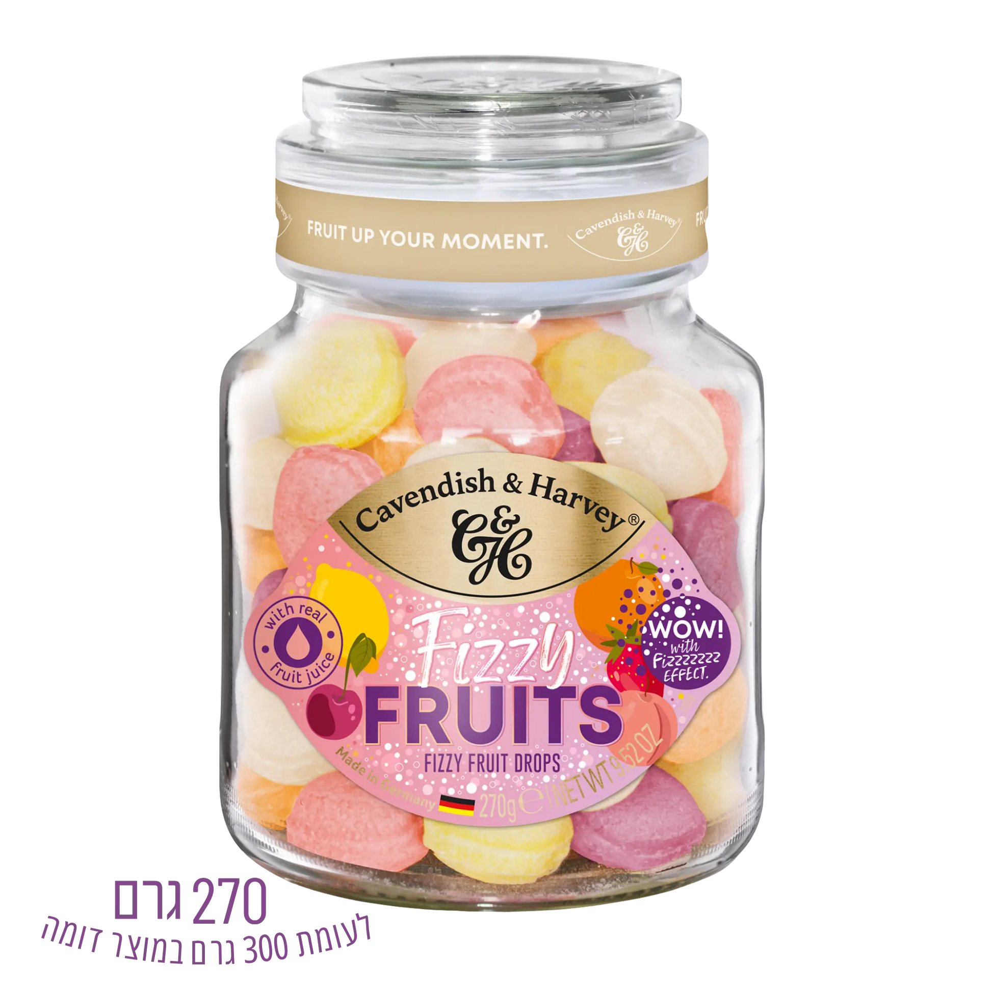 צנצנת סוכריות Fizzy תוססות בטעמי פירות בגווני פסטל עם טעמי לימון, תפוז, אפרסק, תות ודובדבן