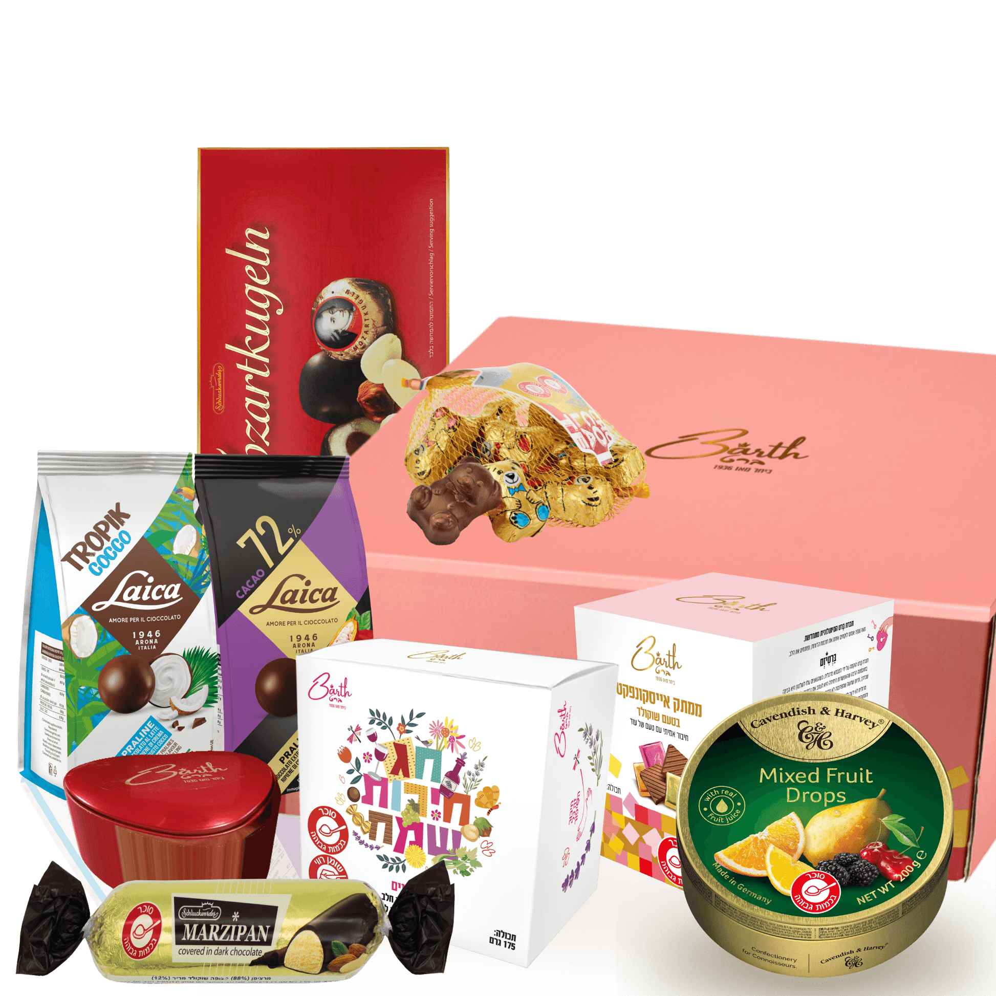 מארז מתוקים כשר לפסח עם שוקולדים, פרלינים וממתקים במארז מתנה מבית ברט